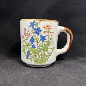 Vintage Mug Speckled Stoneware Brown Wild Flower Floral Print Coffee Tea Korea